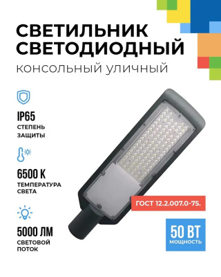 FL-LED Street   50W  Grey  6500K 400*130*27мм  5000Лм  110-240В (светильник консольный LED для d-40)